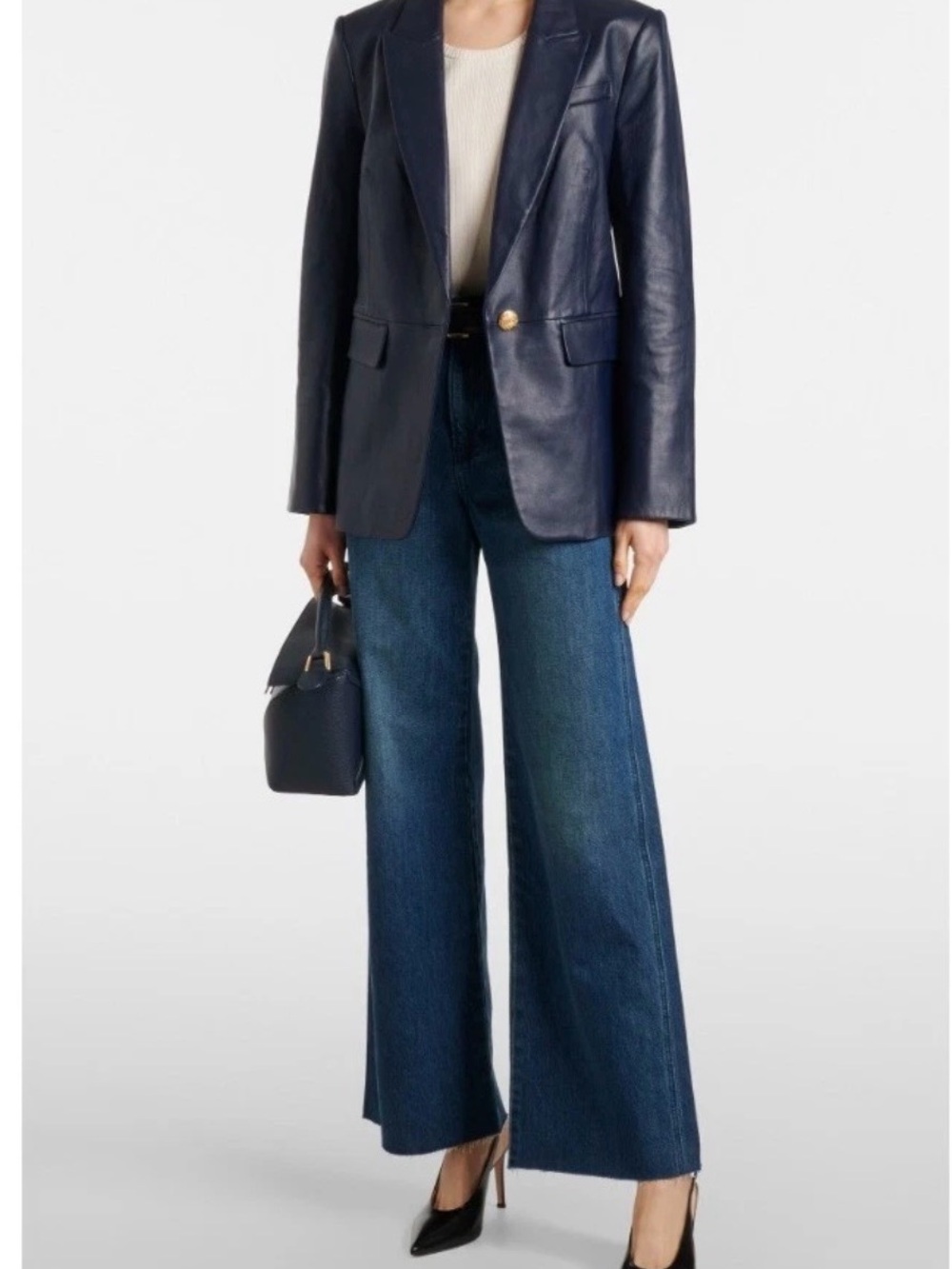 Veronica Beard Vega Navy Leather Blazer with Gold Button 10 NWT
